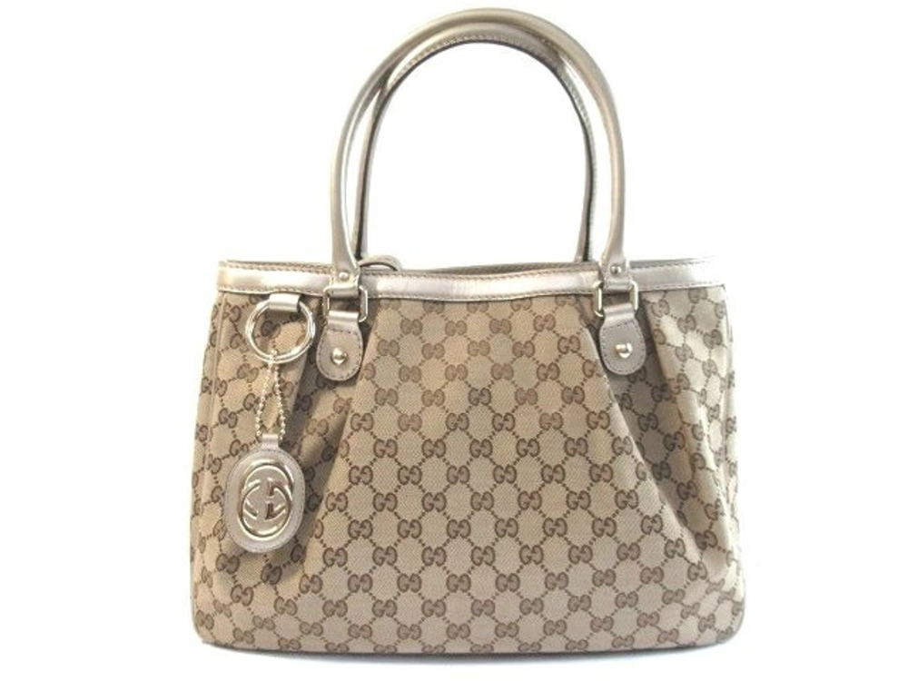 Gucci Tote Bag Canvas Calfskin Beige Cream Gold